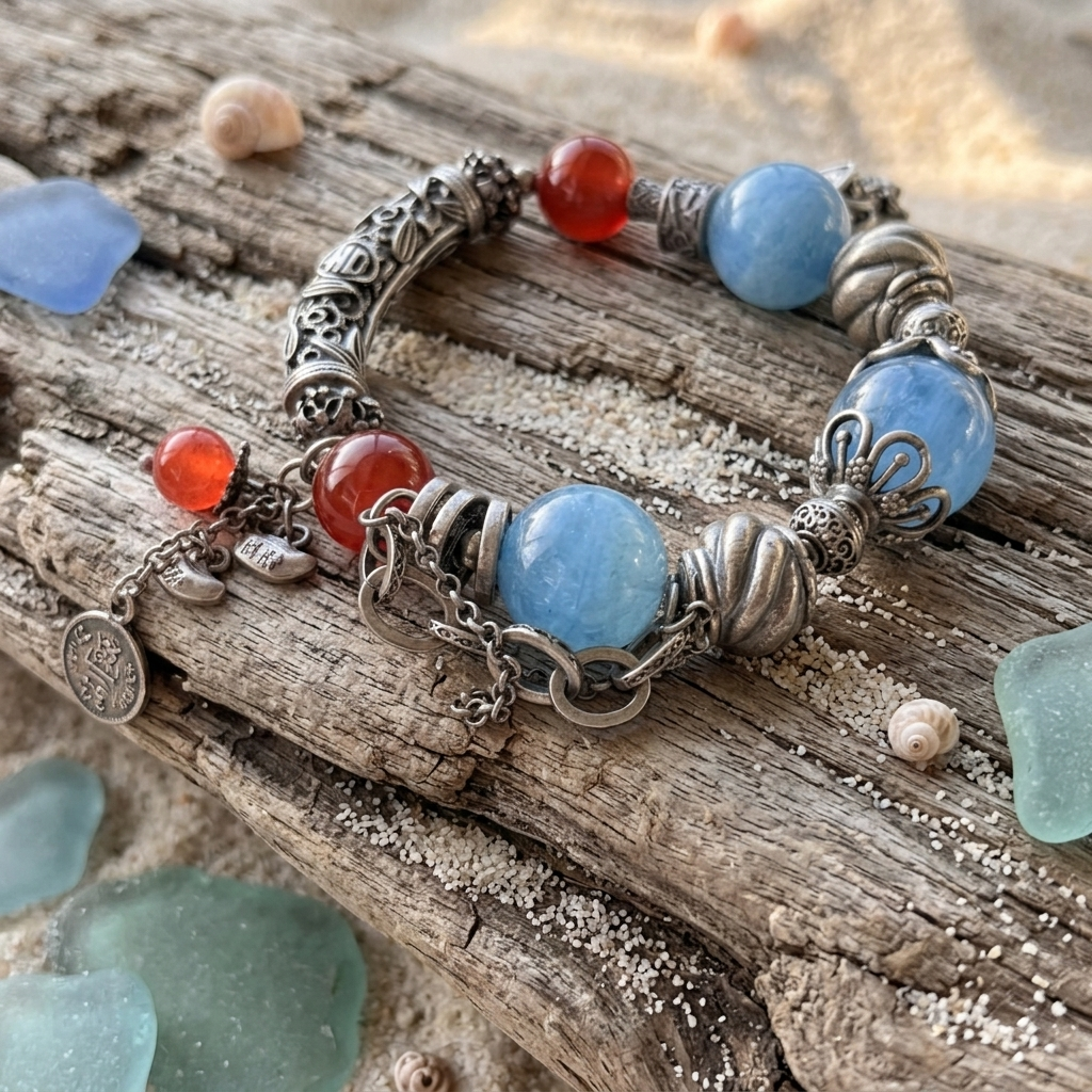 AAA Aquamarine & Red Carnelian Bangle with Old Silver Accents