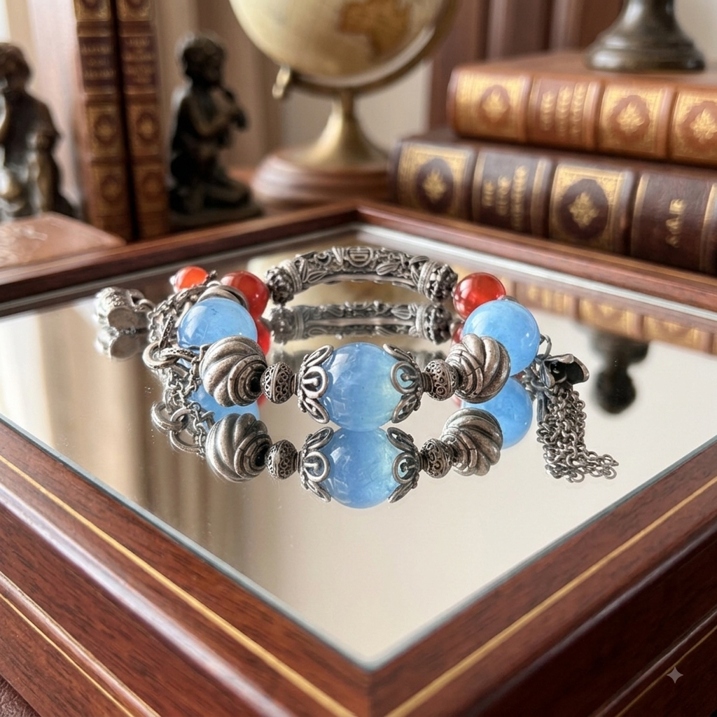 AAA Aquamarine & Red Carnelian Bangle with Old Silver Accents