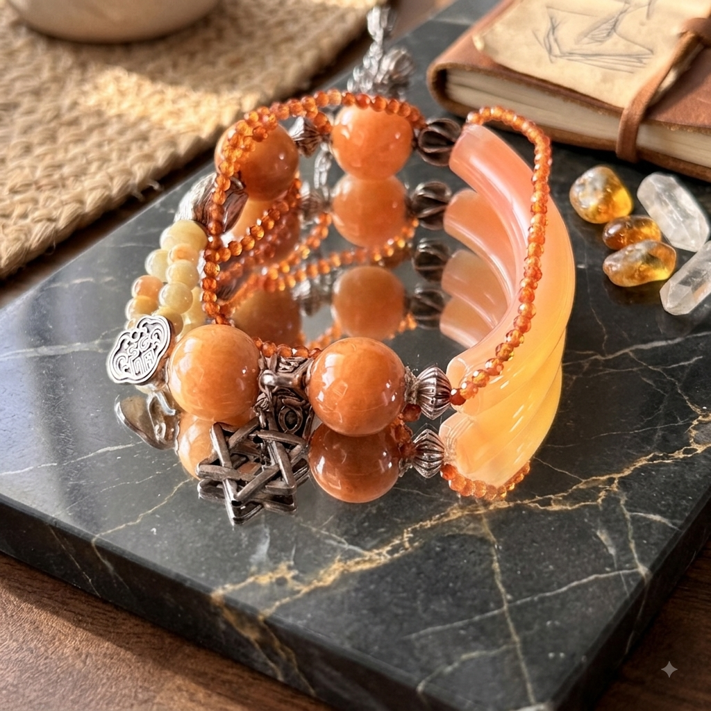 Peach Agate & Crystal Charm Bracelet Set