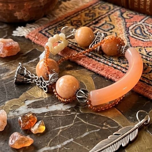 Peach Agate & Crystal Charm Bracelet Set
