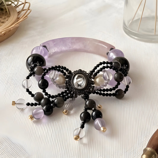 Amethyst, Silver Obsidian & Pearl Bangle 15cm size