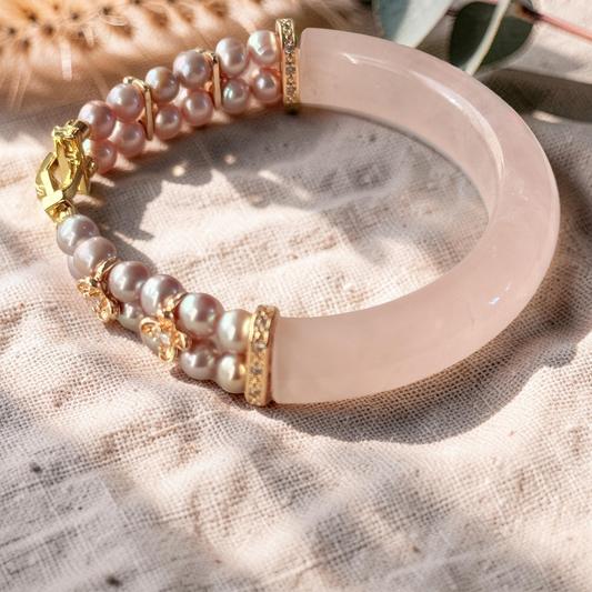 Rose Quartz & Freshwater Pearl Bangle Bracelet 6"