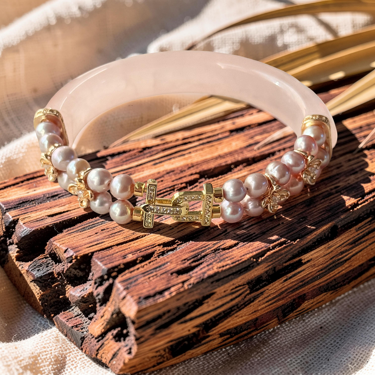 Rose Quartz & Freshwater Pearl Bangle Bracelet 6"