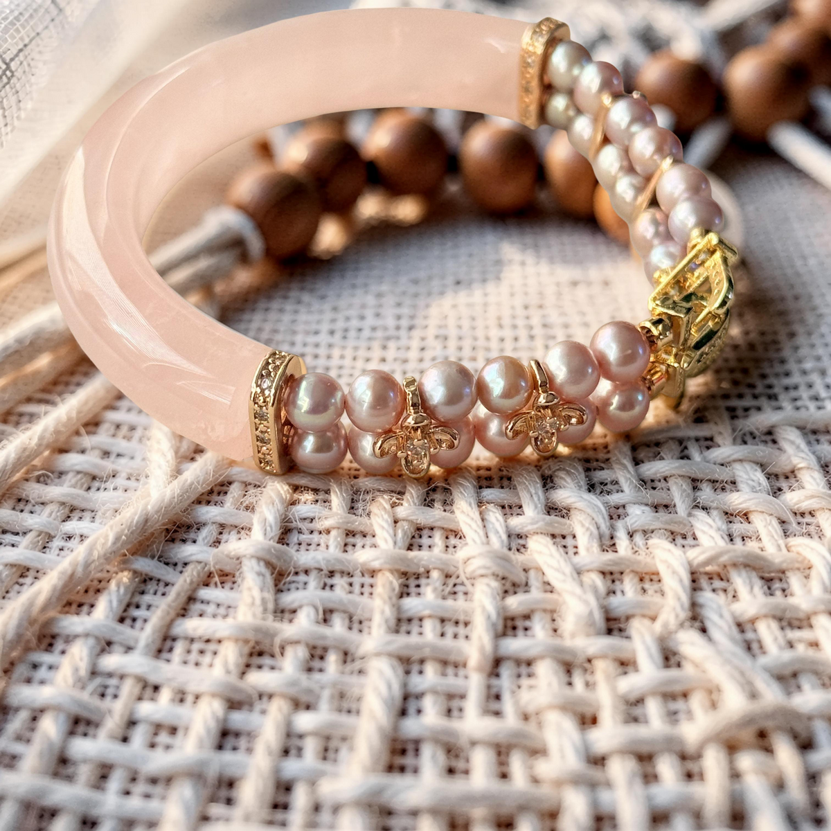 Rose Quartz & Freshwater Pearl Bangle Bracelet 6"