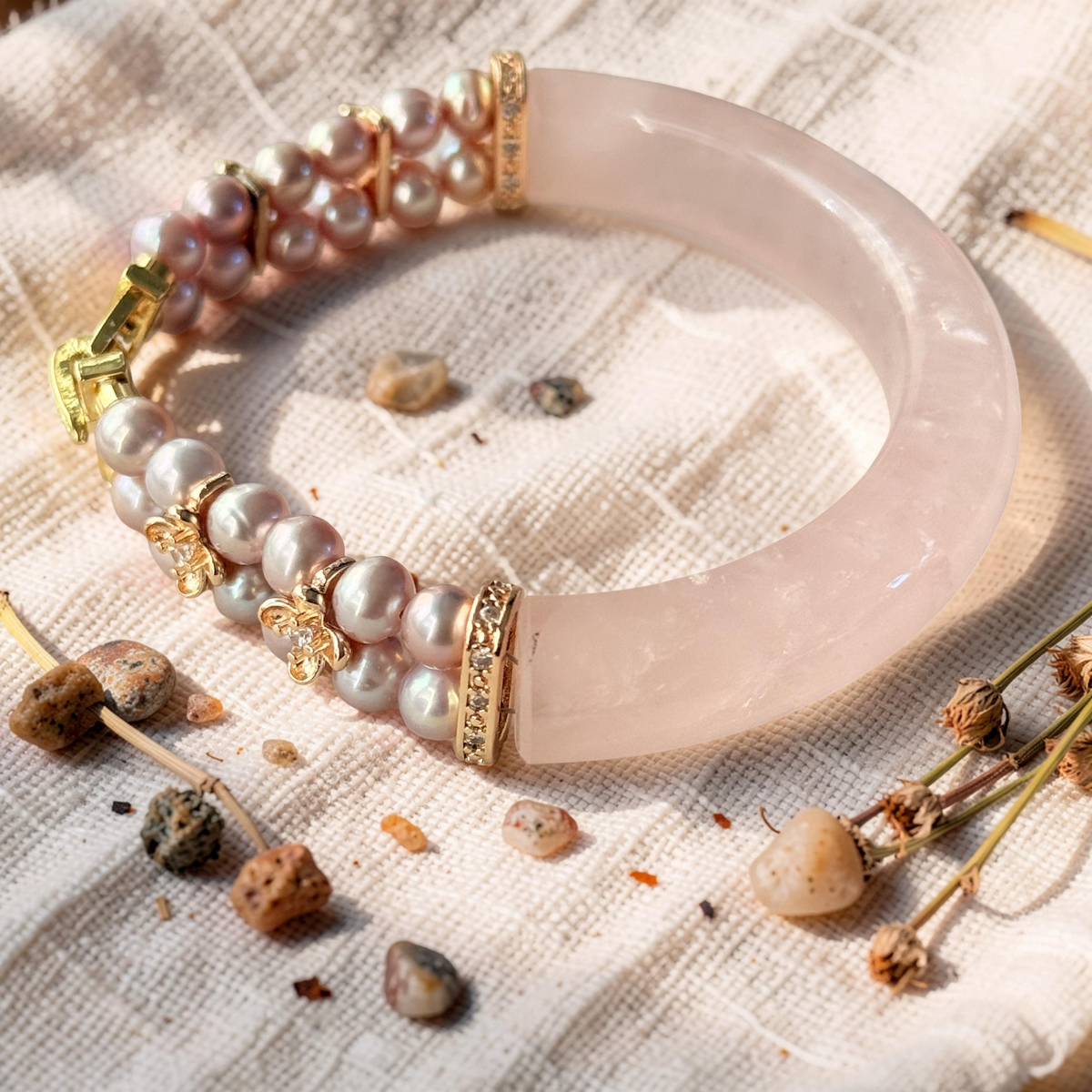 Rose Quartz & Freshwater Pearl Bangle Bracelet 6"