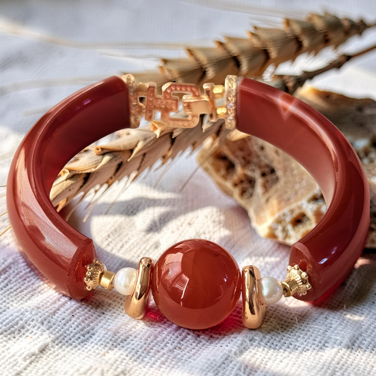 Carnelian & Freshwater Pearl Bangle Bracelet 17CM