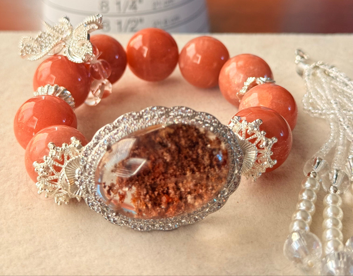 Peach moonstone beaded bracelet with large Garden Quartz lodolite focal stone in silver pavé bezel
