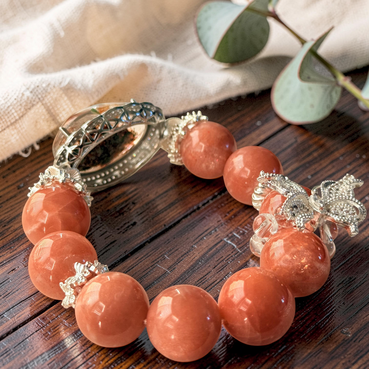 Peach Moonstone & Garden Quartz Beaded Bracelet (Scenic Quartz) 6"