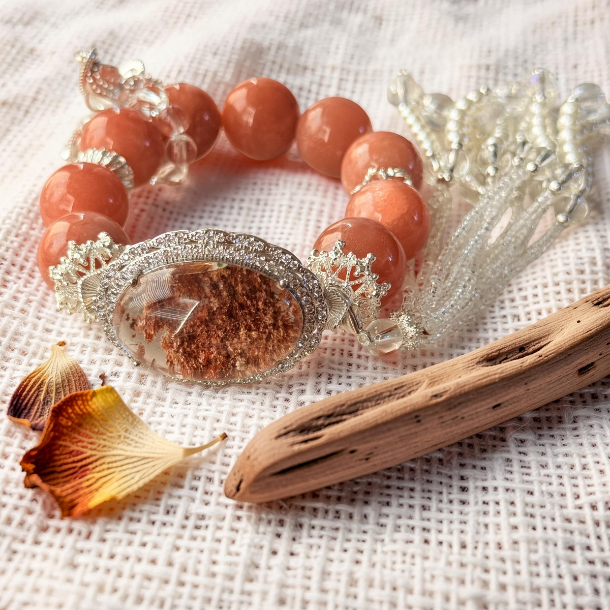 Peach Moonstone & Garden Quartz Beaded Bracelet (Scenic Quartz) 6"