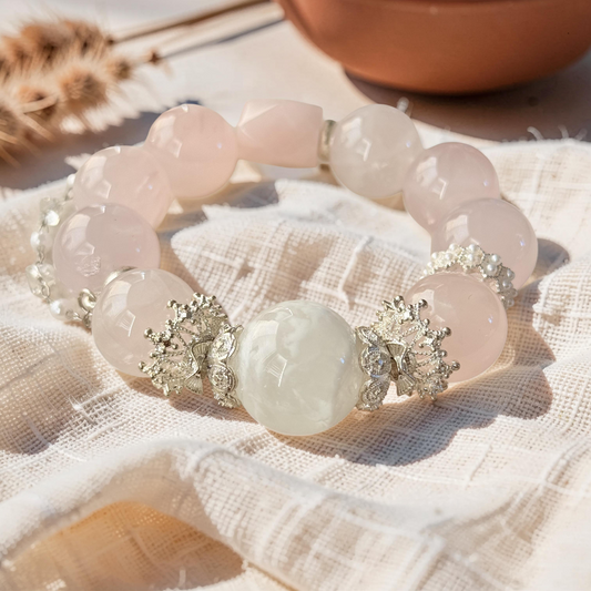 Rose Quartz & Cloud Quartz Beaded Bracelet 5.7"