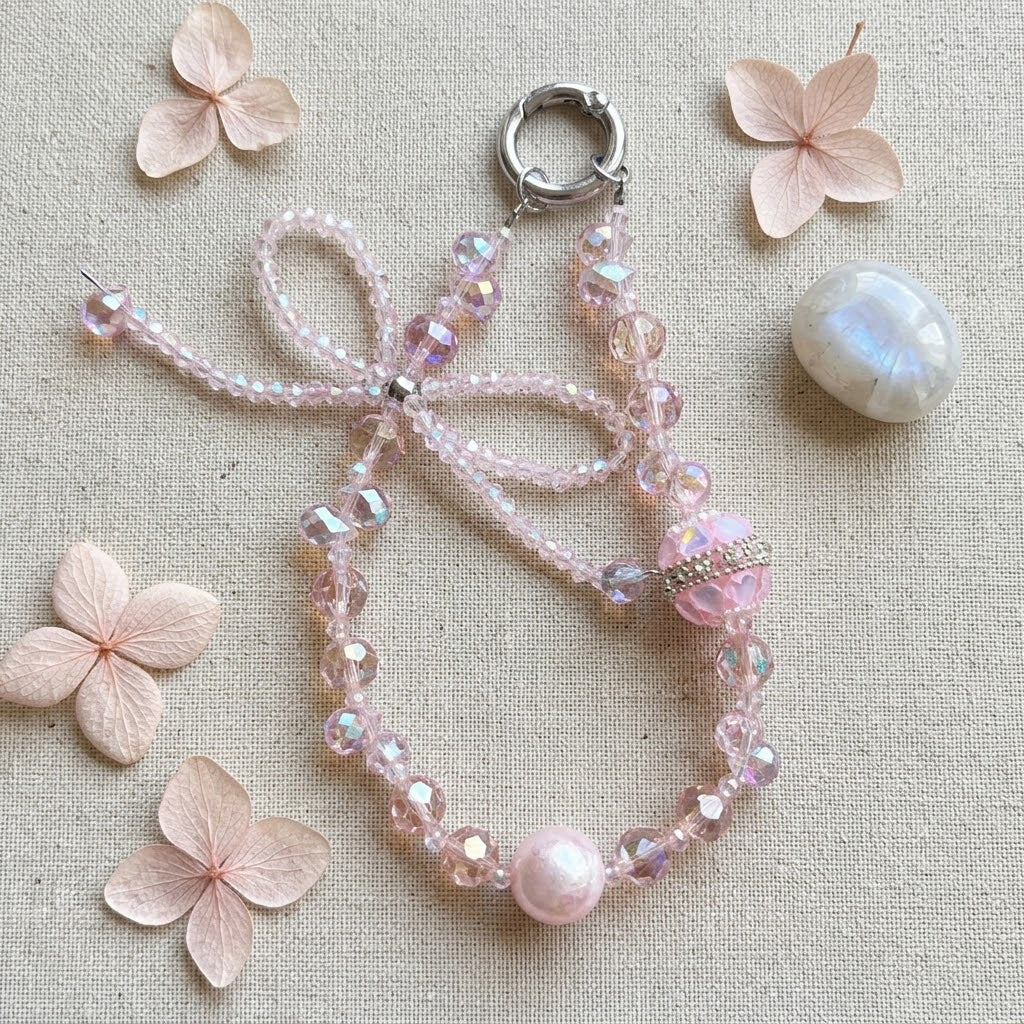 Rosé Crystal Bow Phone Lanyard detail on linen background with dried hydrangea flowers