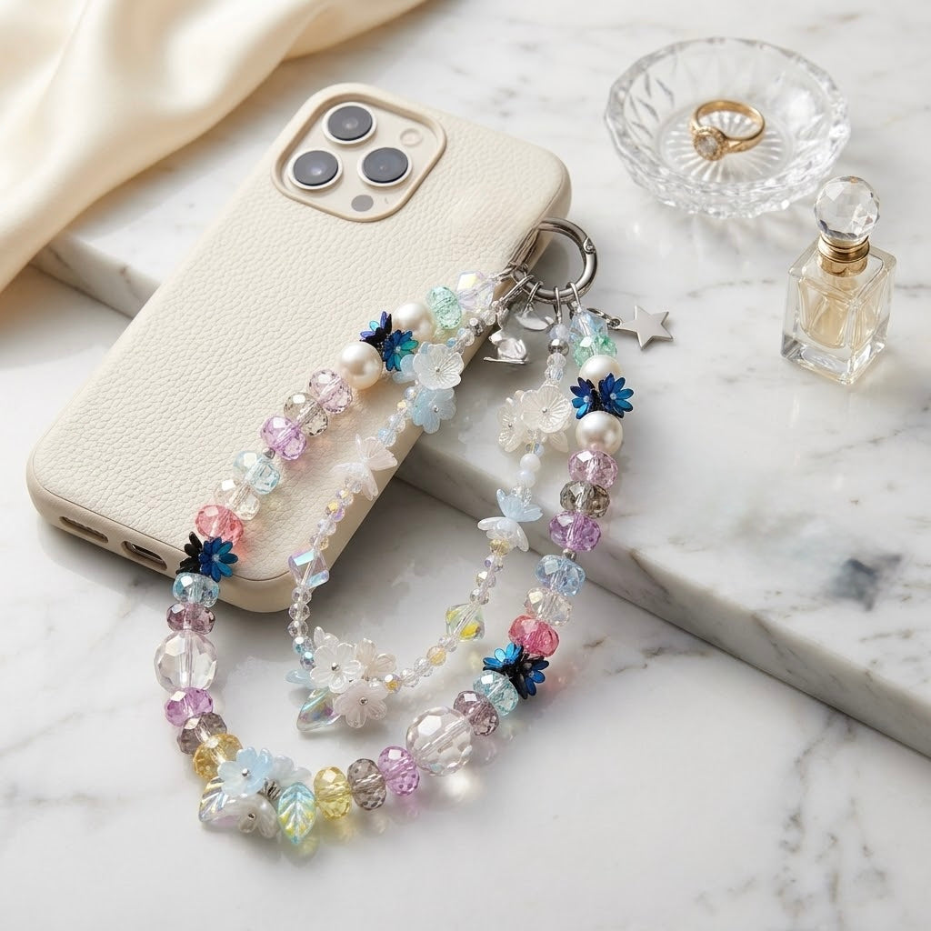 Find Joy in the Journey Pastel Crystal Charm draped over a beige iPhone on marble with perfume bottle