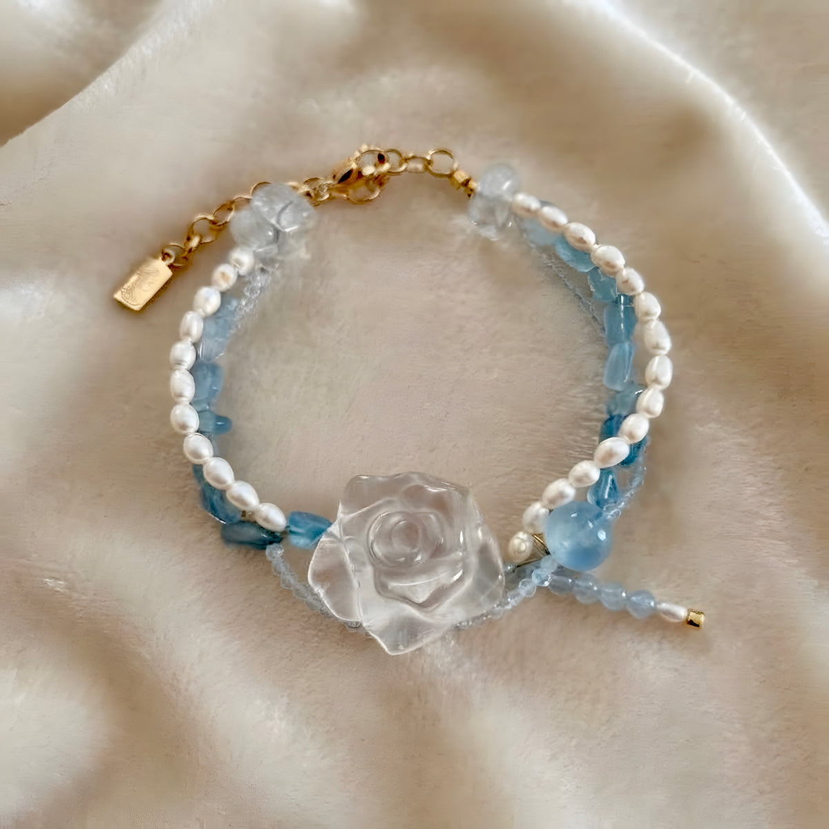 Clear Quartz Carved Rose, Aquamarine Chip & Freshwater Pearl Bracelet