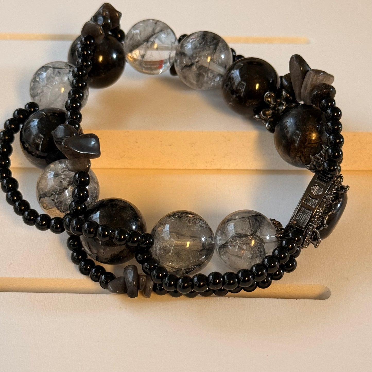 Dendritic-Style Quartz & Black Obsidian Statement Bracelet – 16 mm