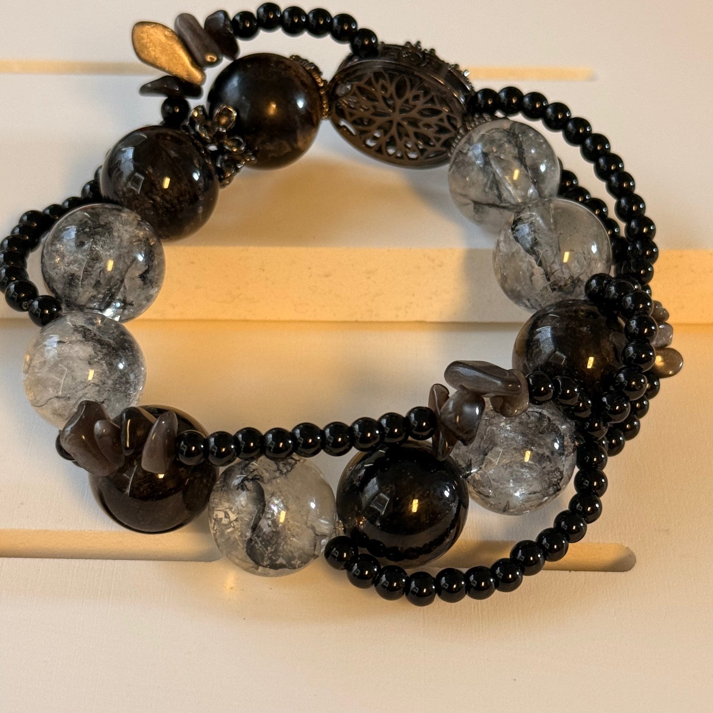 Dendritic-Style Quartz & Black Obsidian Statement Bracelet – 16 mm