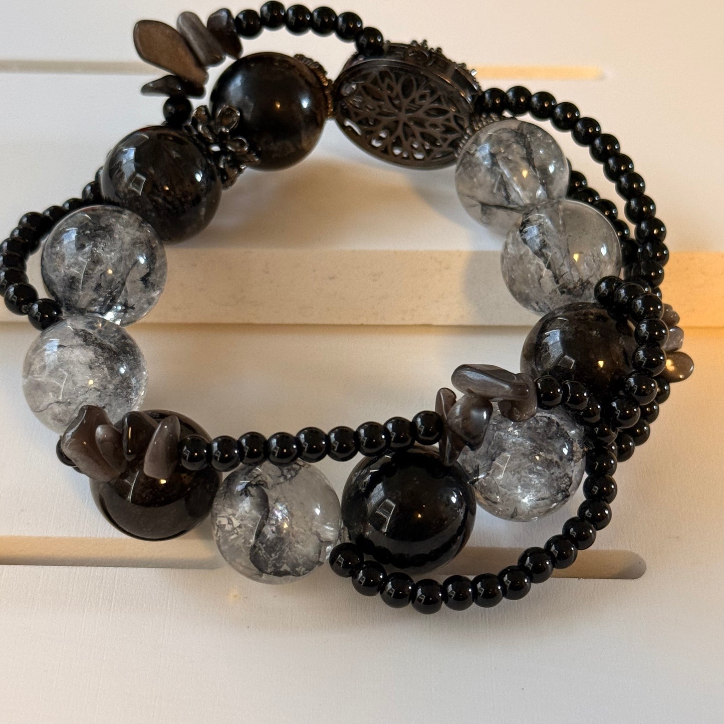 Dendritic-Style Quartz & Black Obsidian Statement Bracelet – 16 mm