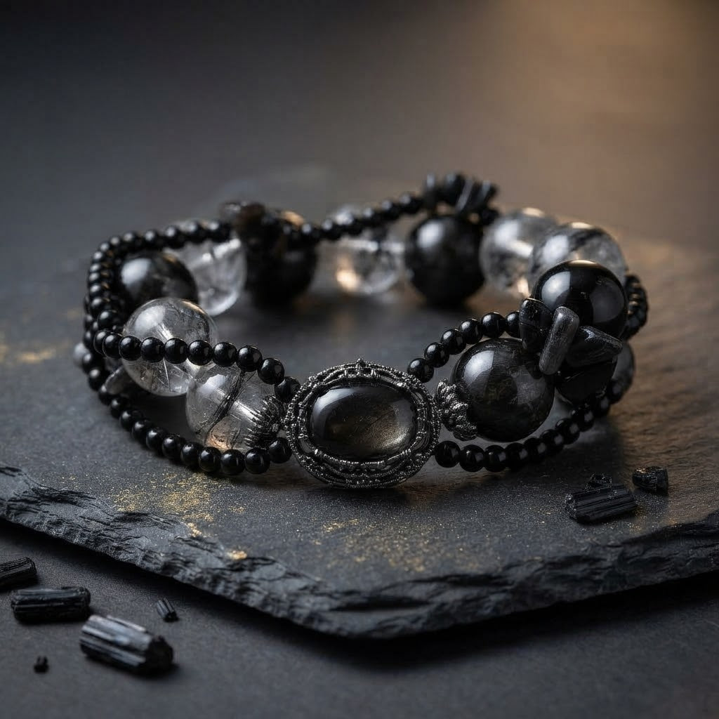 Layered black and clear beaded bracelet with an ornate dark-toned oval centerpiece displayed on dark slate.