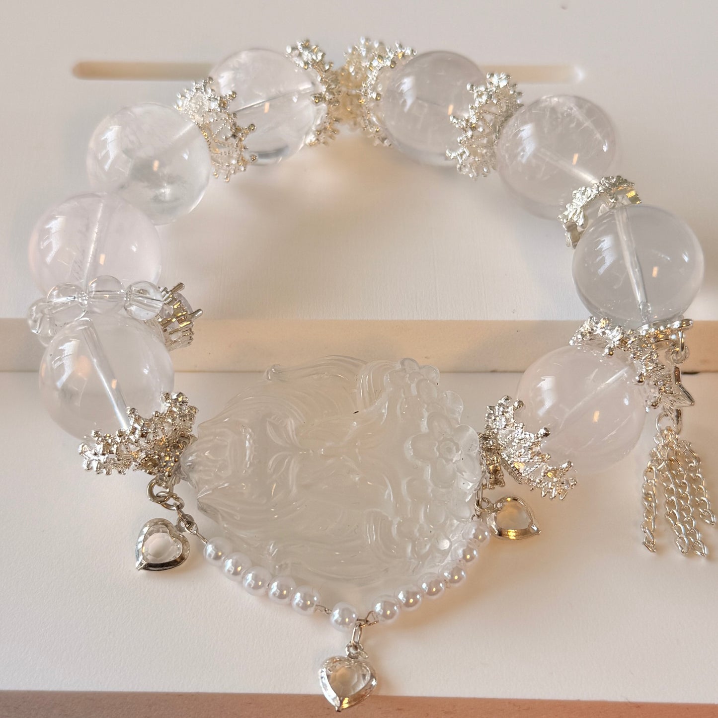 Clear Quartz Praying Fox Carving Bracelet | 7 Inches