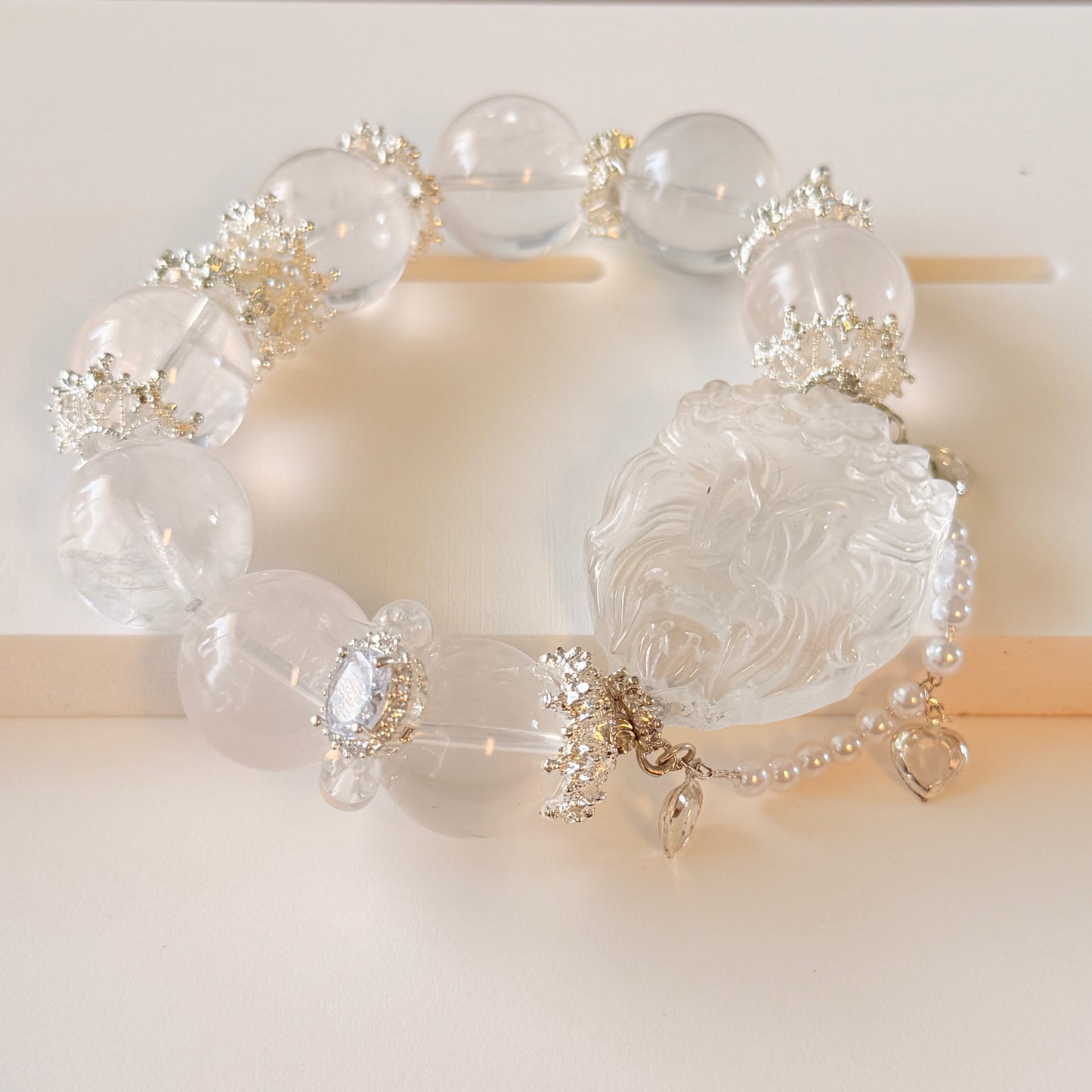 Clear Quartz Praying Fox Carving Bracelet | 7 Inches