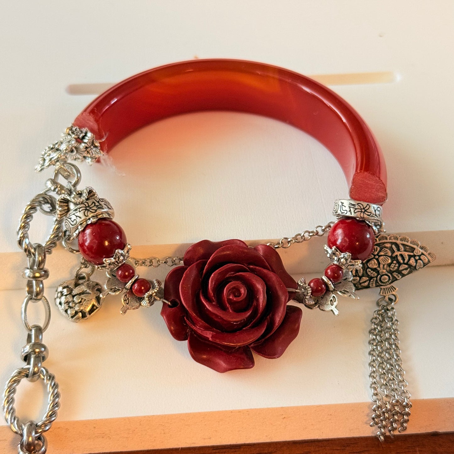 Carnelian & Red Cinnabar Flower Half Bangle – 6.8″