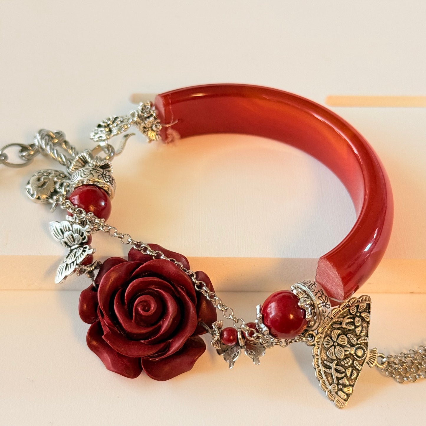 Carnelian & Red Cinnabar Flower Half Bangle – 6.8″