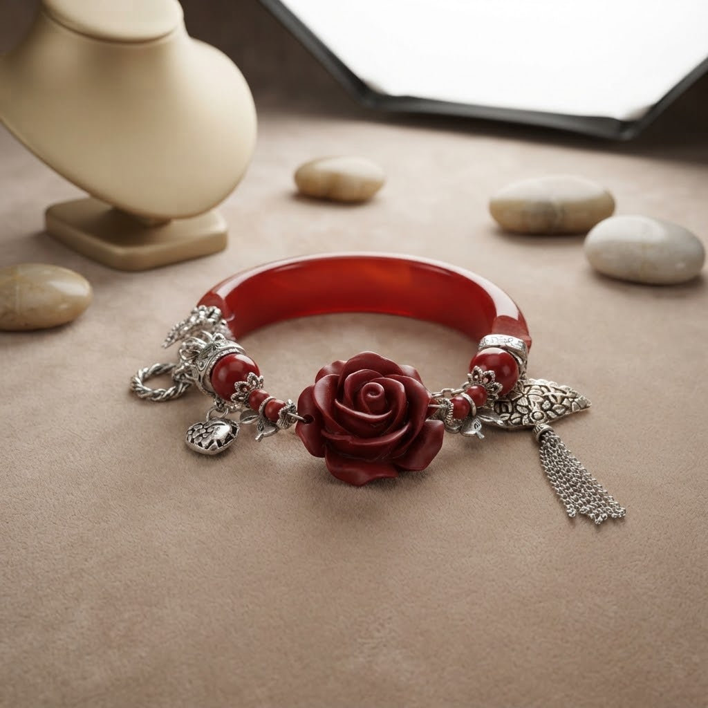 Carnelian & Red Cinnabar Flower Half Bangle – 6.8″