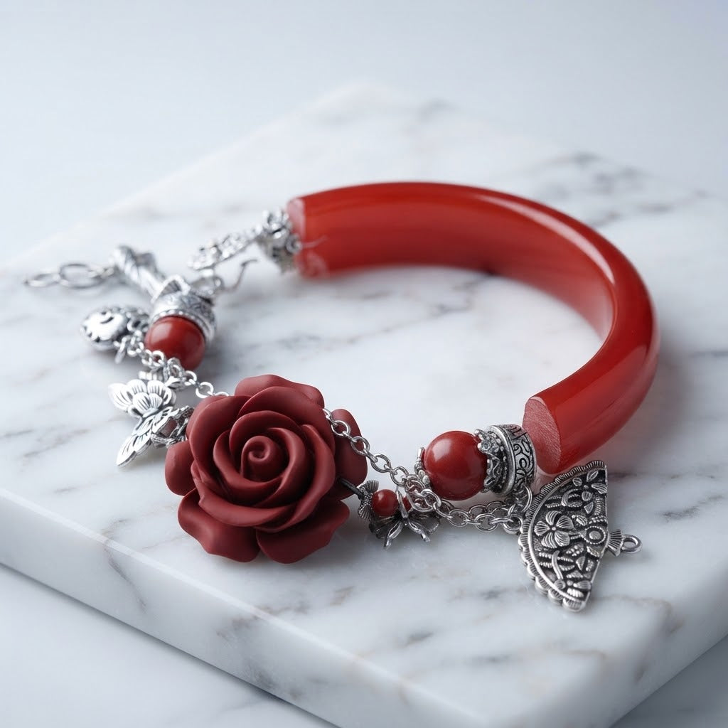 Carnelian & Red Cinnabar Flower Half Bangle – 6.8″