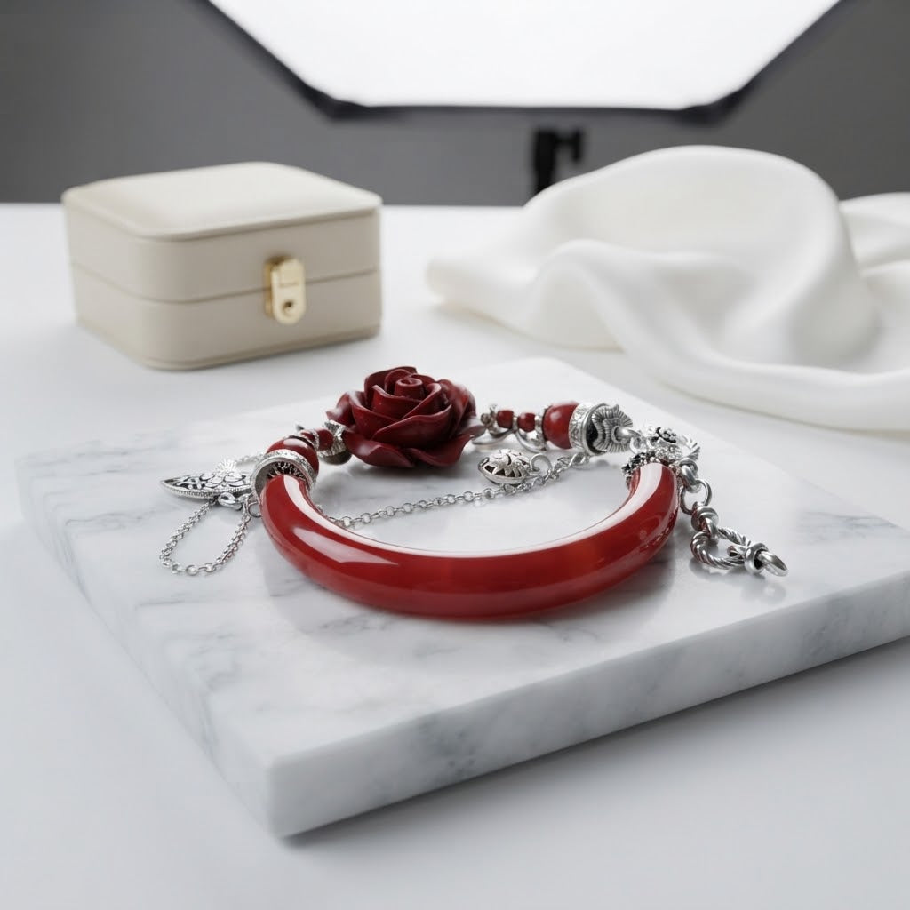 Carnelian & Red Cinnabar Flower Half Bangle – 6.8″