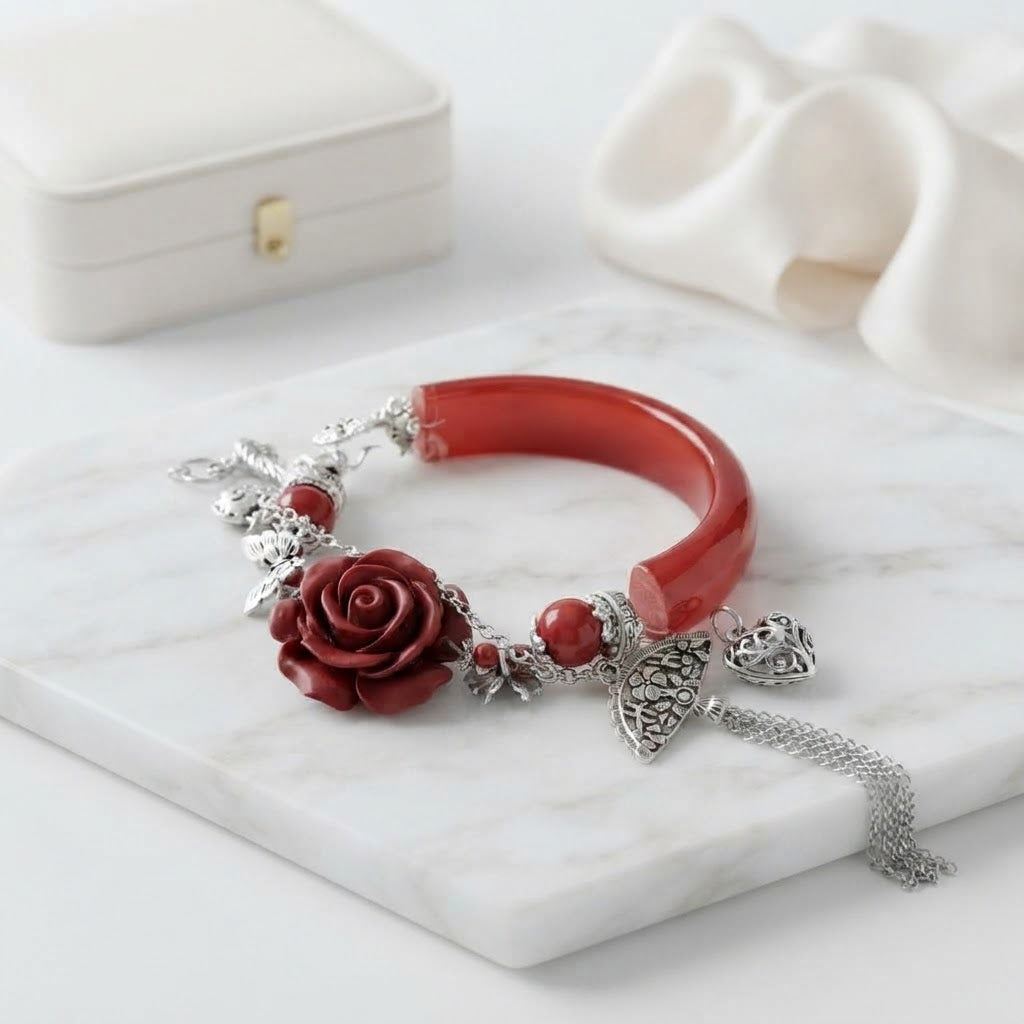 Carnelian & Red Cinnabar Flower Half Bangle – 6.8″