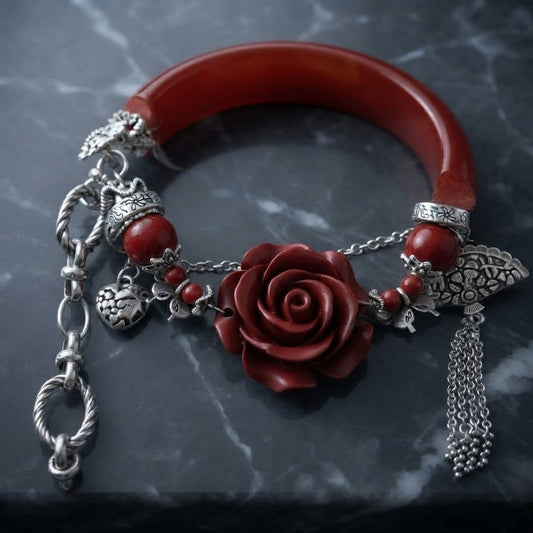Carnelian & Red Cinnabar Flower Half Bangle – 6.8″