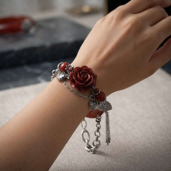 Carnelian & Red Cinnabar Flower Half Bangle – 6.8″