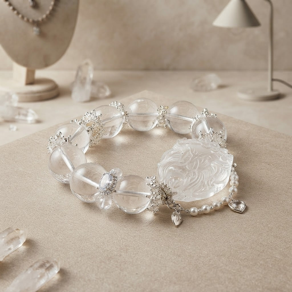 Clear Quartz Praying Fox Carving Bracelet | 7 Inches