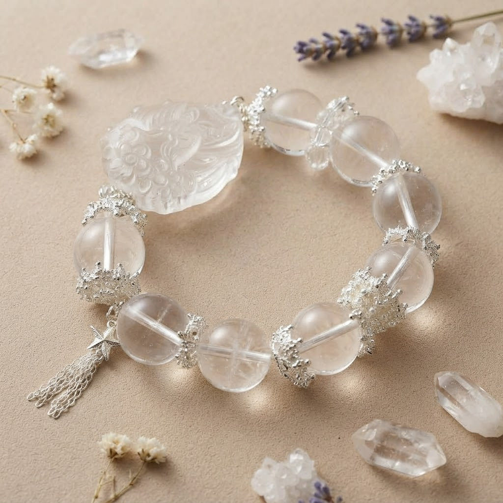 Clear Quartz Praying Fox Carving Bracelet | 7 Inches