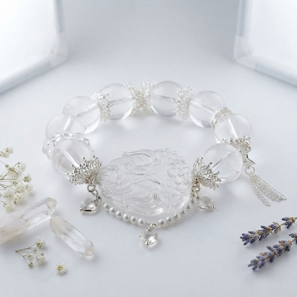 Clear Quartz Praying Fox Carving Bracelet | 7 Inches