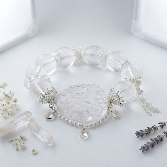 Clear Quartz Praying Fox Carving Bracelet | 7 Inches
