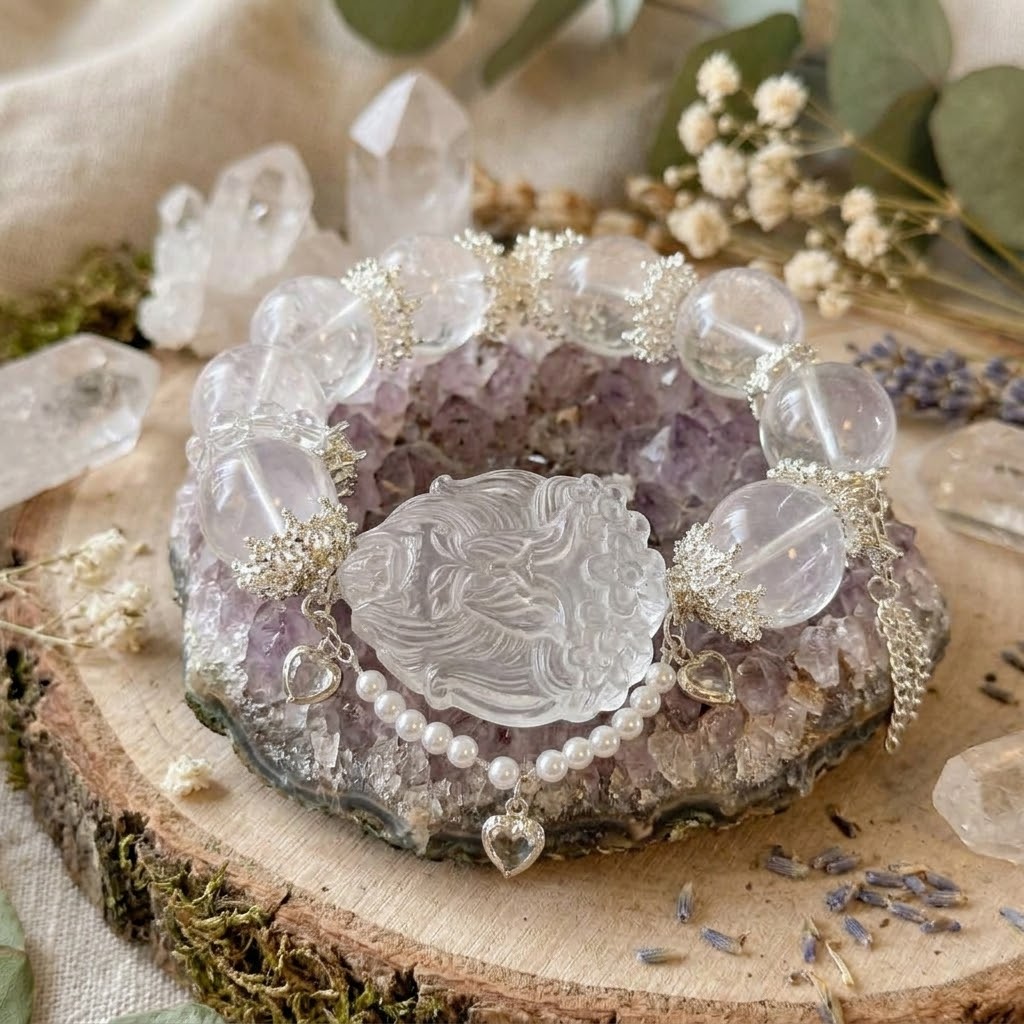 Clear Quartz Praying Fox Carving Bracelet | 7 Inches