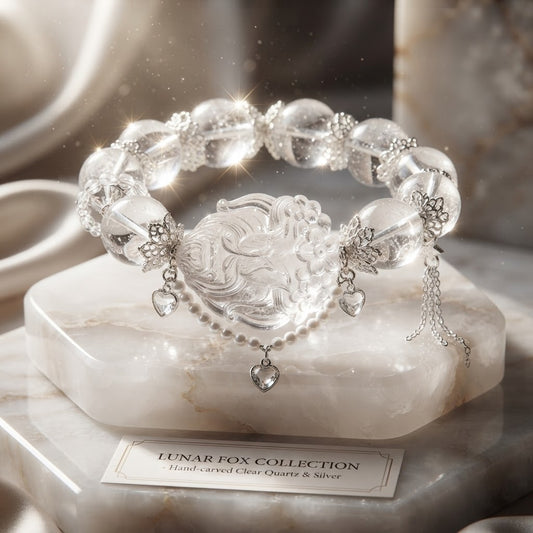 Clear Quartz Praying Fox Carving Bracelet | 7 Inches