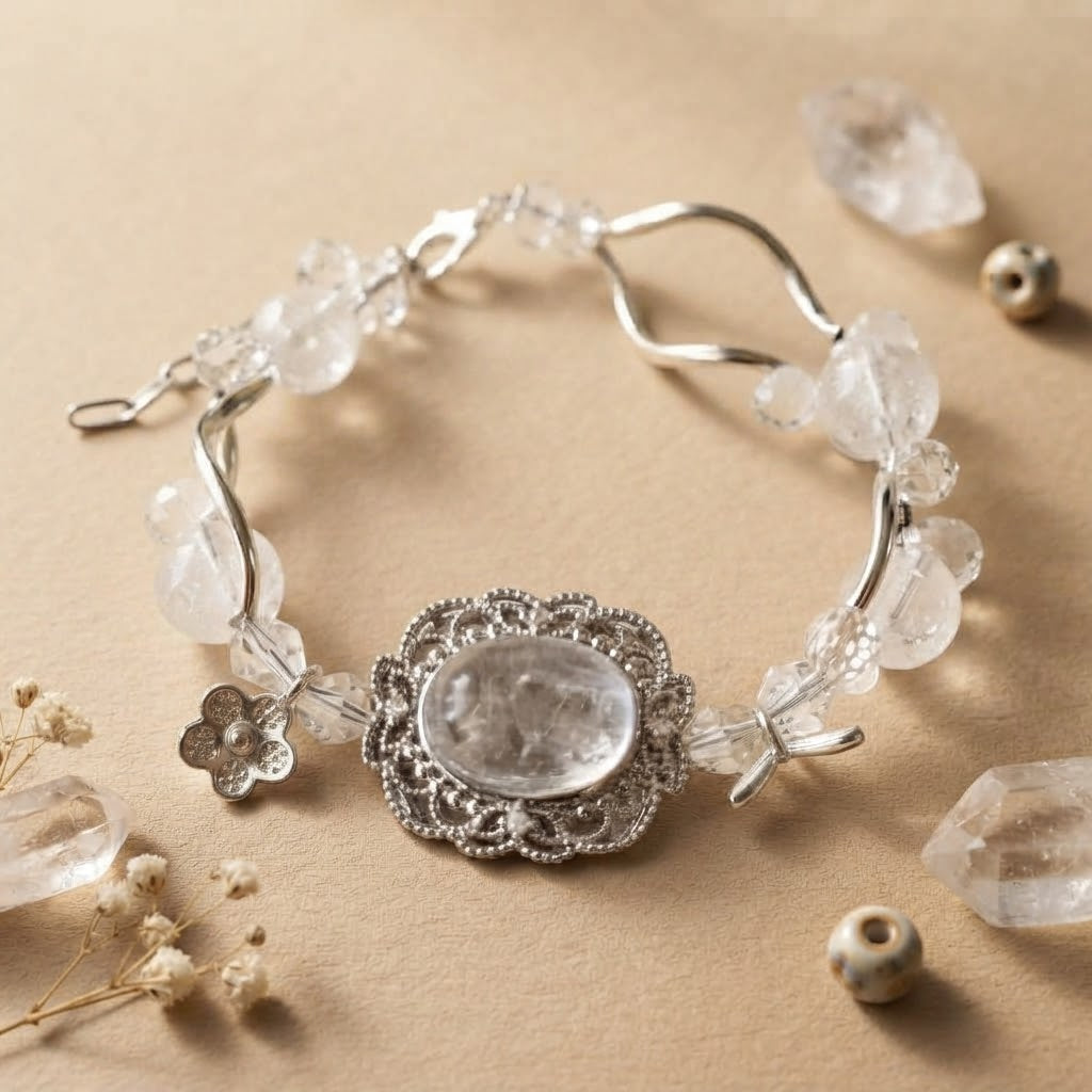 Clear Quartz Crystal Garden Filigree Bracelet – 6.5" + 2" Extender