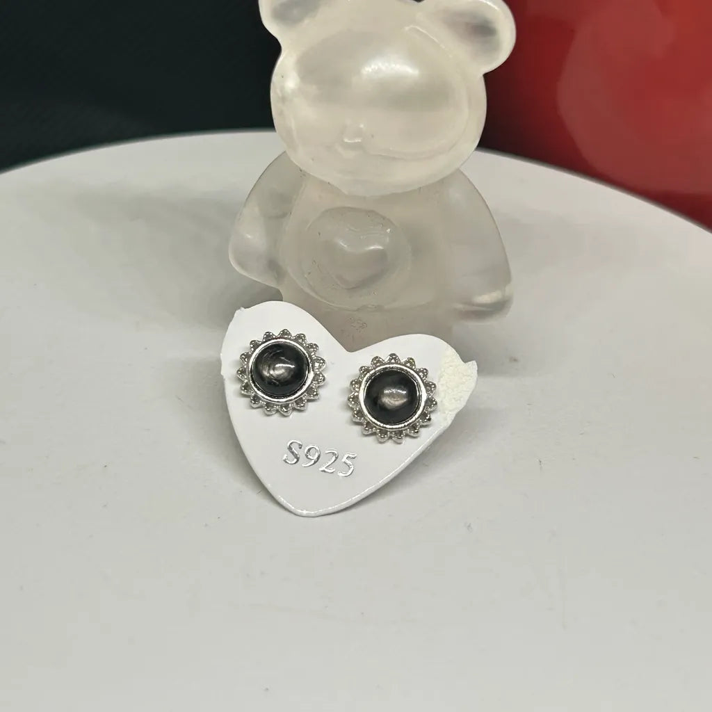Silver Sheen Obsidian Sunflower Studs - S925 Sterling Silver Earrings