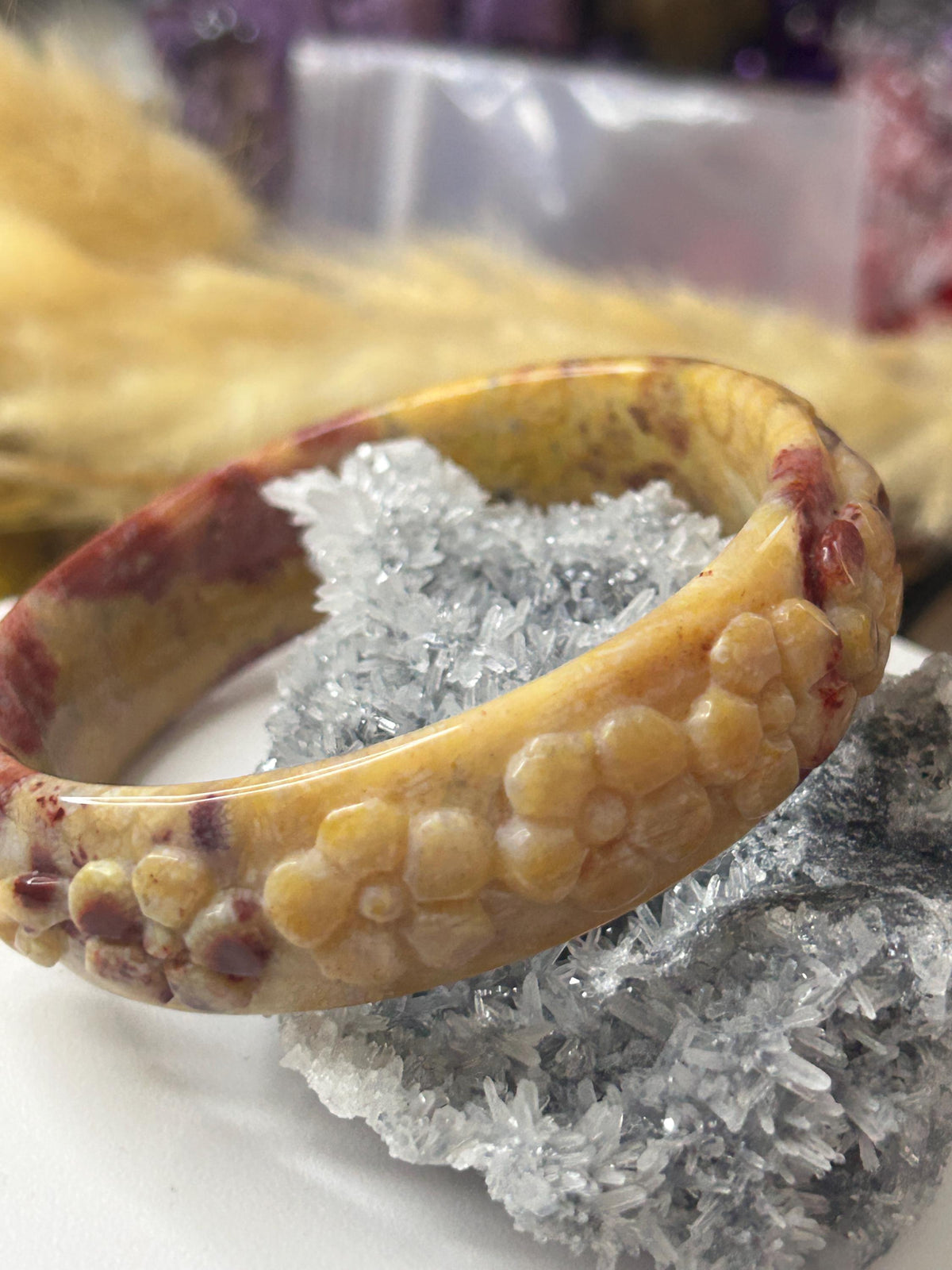 Small size 56.1 mm Bangle Red Flower Bakelite Deep Carved | Coral Jade |  Bangle Bracelet | Gift for her |Flower Carved | Crystal Bangle