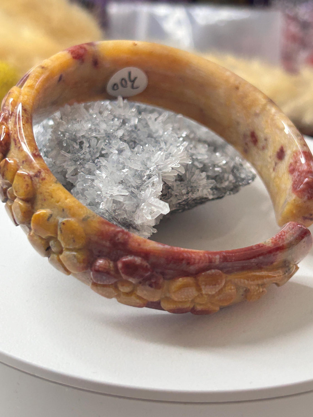 Small size 56.1 mm Bangle Red Flower Bakelite Deep Carved | Coral Jade |  Bangle Bracelet | Gift for her |Flower Carved | Crystal Bangle