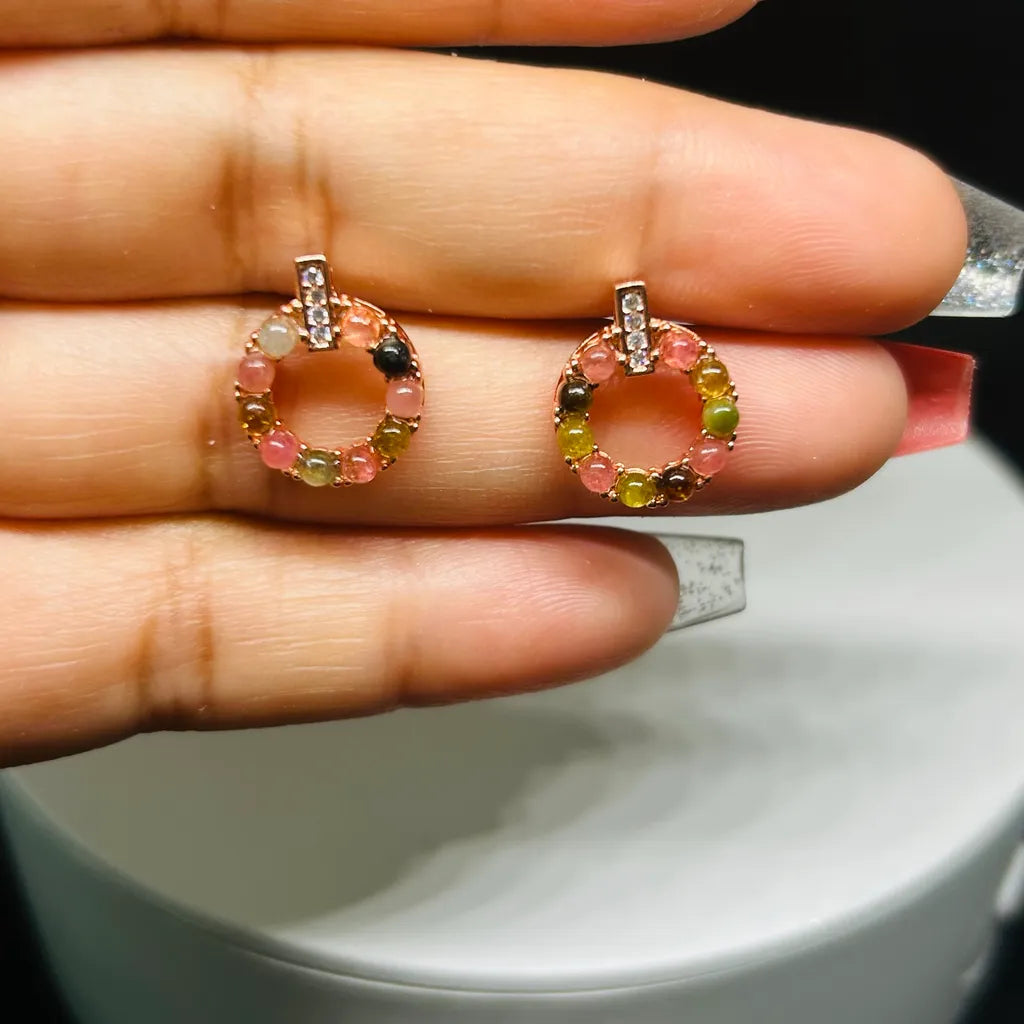 Rainbow Tourmaline Circle Earrings - Natural Gemstone Harmony Earrings