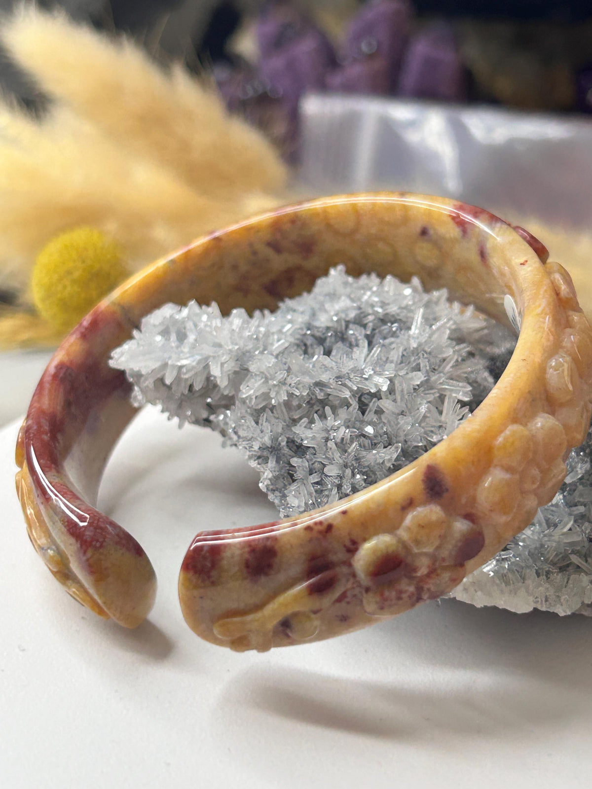 Small size 56.1 mm Bangle Red Flower Bakelite Deep Carved | Coral Jade |  Bangle Bracelet | Gift for her |Flower Carved | Crystal Bangle