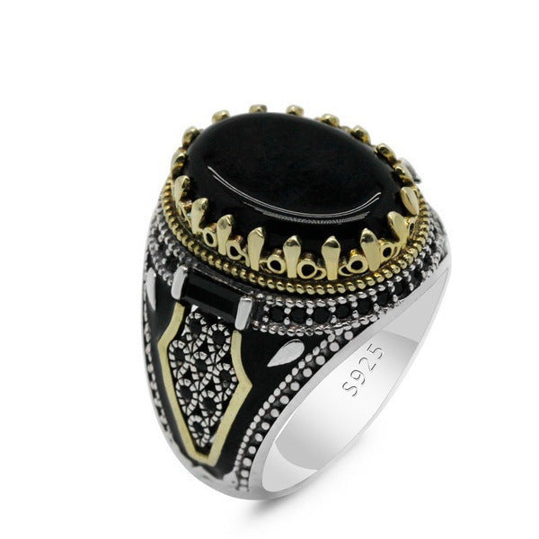 Sterling Silver Geometric Ring with Natural Gemstone - Men's Diamond Cut Ring