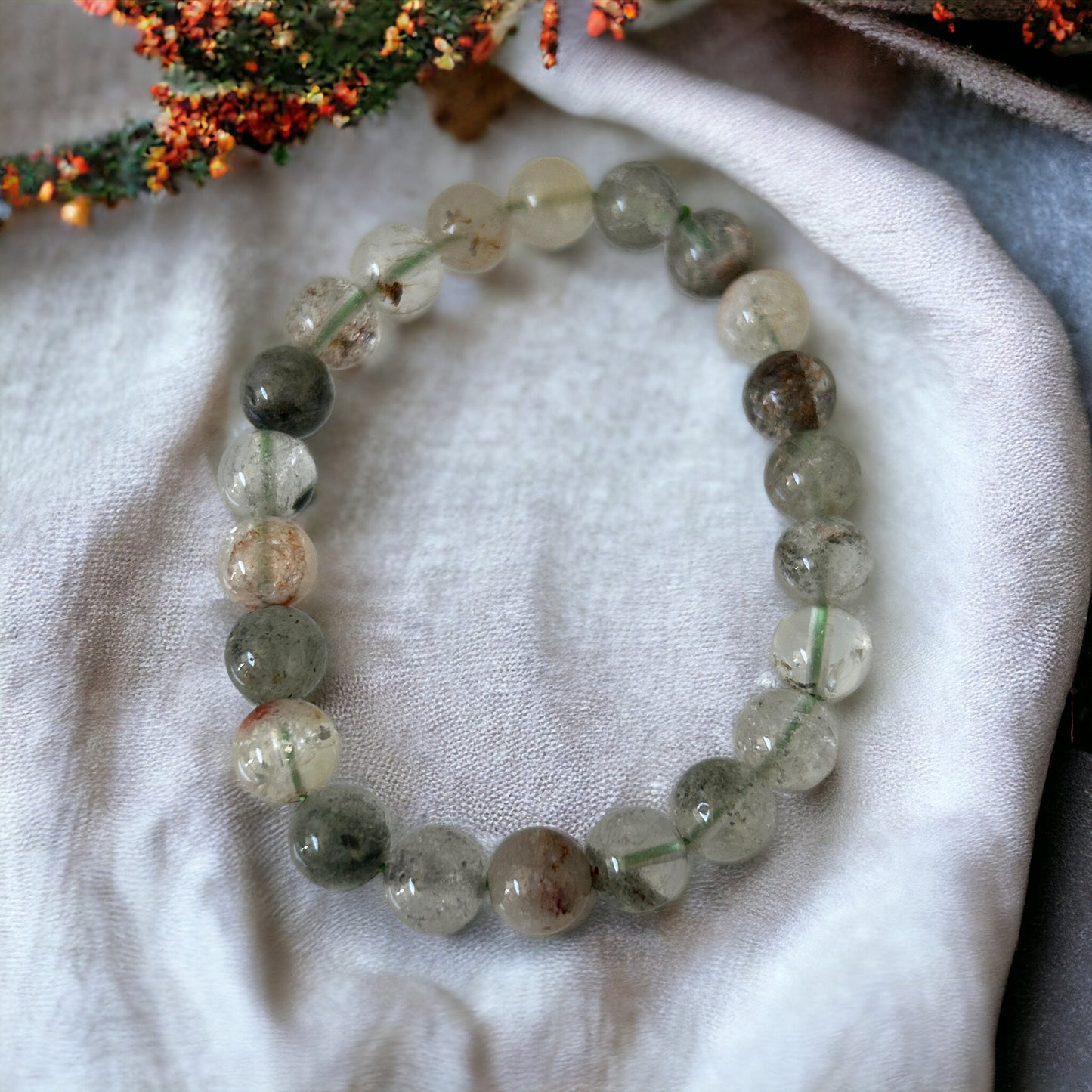 8mm Natural Garden Phantom Quartz Bead Bracelet: Healing Crystal Jewelry