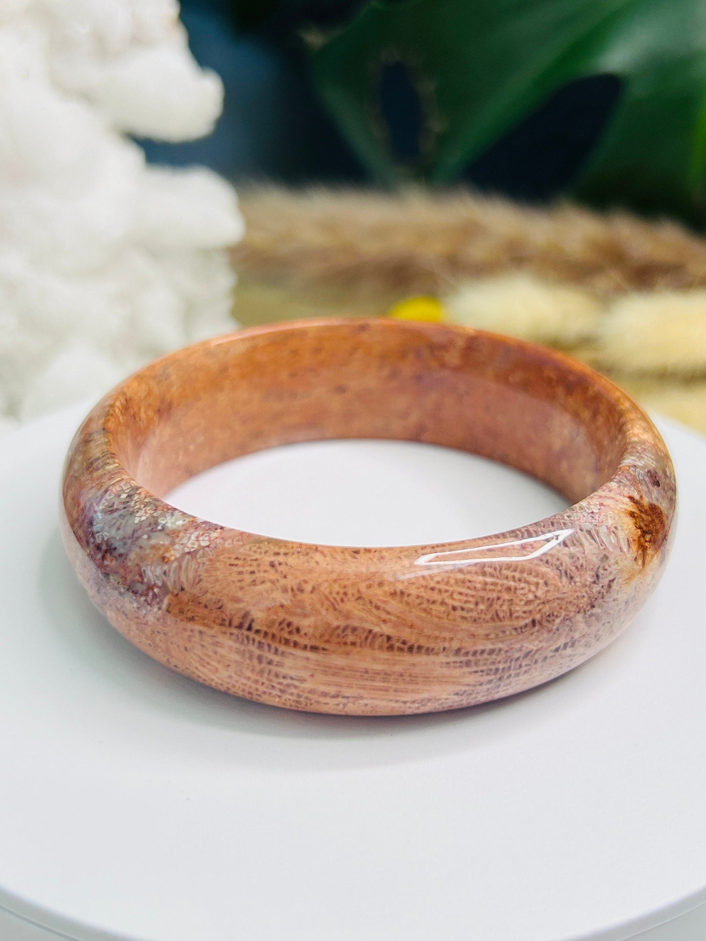Orange Jade Coral Bangle: Big Flower Fossil Gemstone Bracelet (60mm)