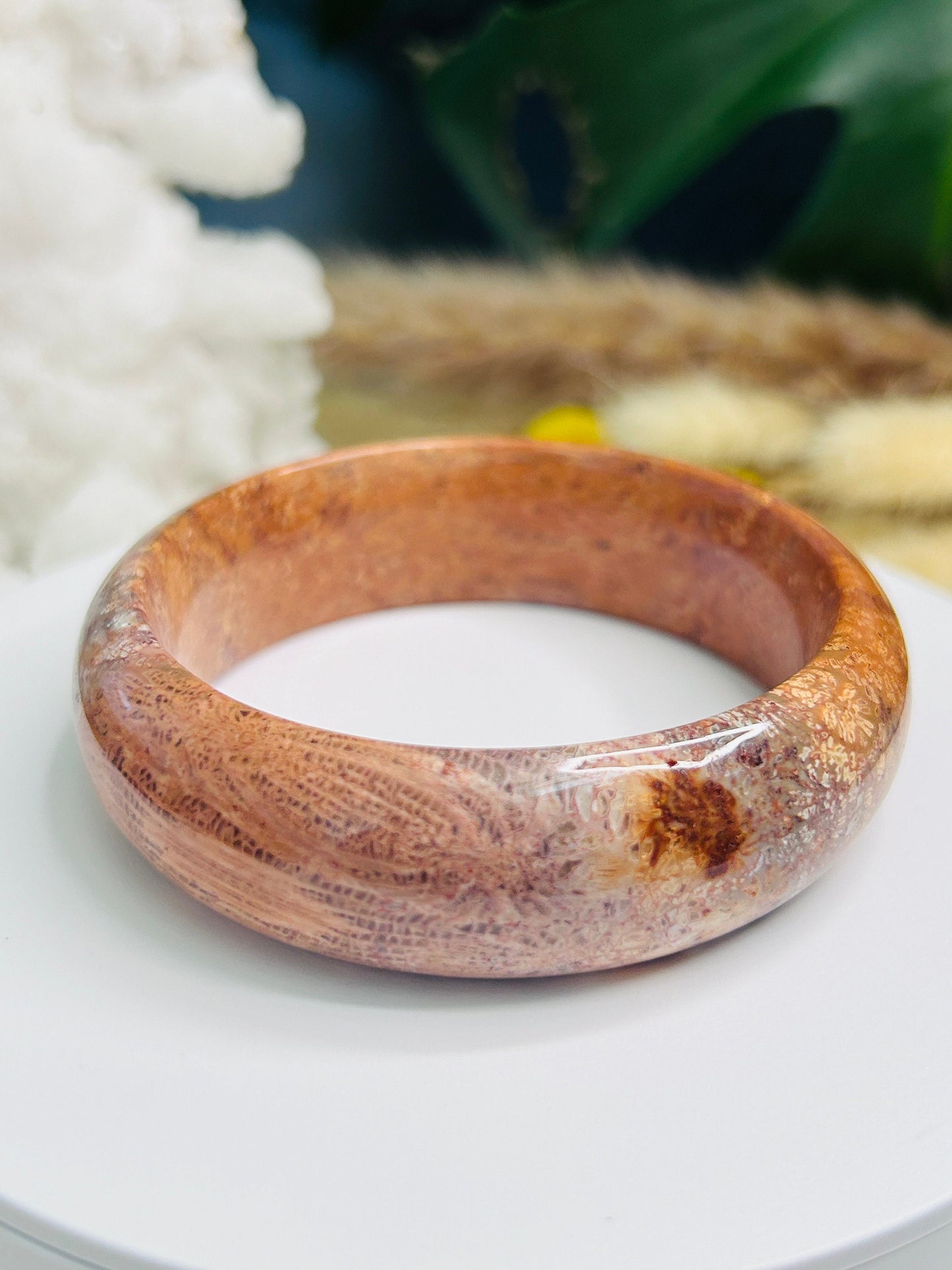 Orange Jade Coral Bangle: Big Flower Fossil Gemstone Bracelet (60mm)