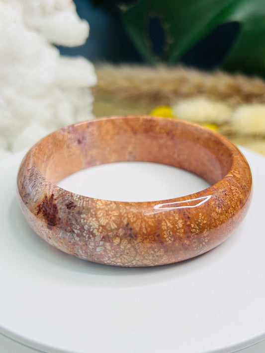 Orange Jade Coral Bangle: Big Flower Fossil Gemstone Bracelet (60mm)