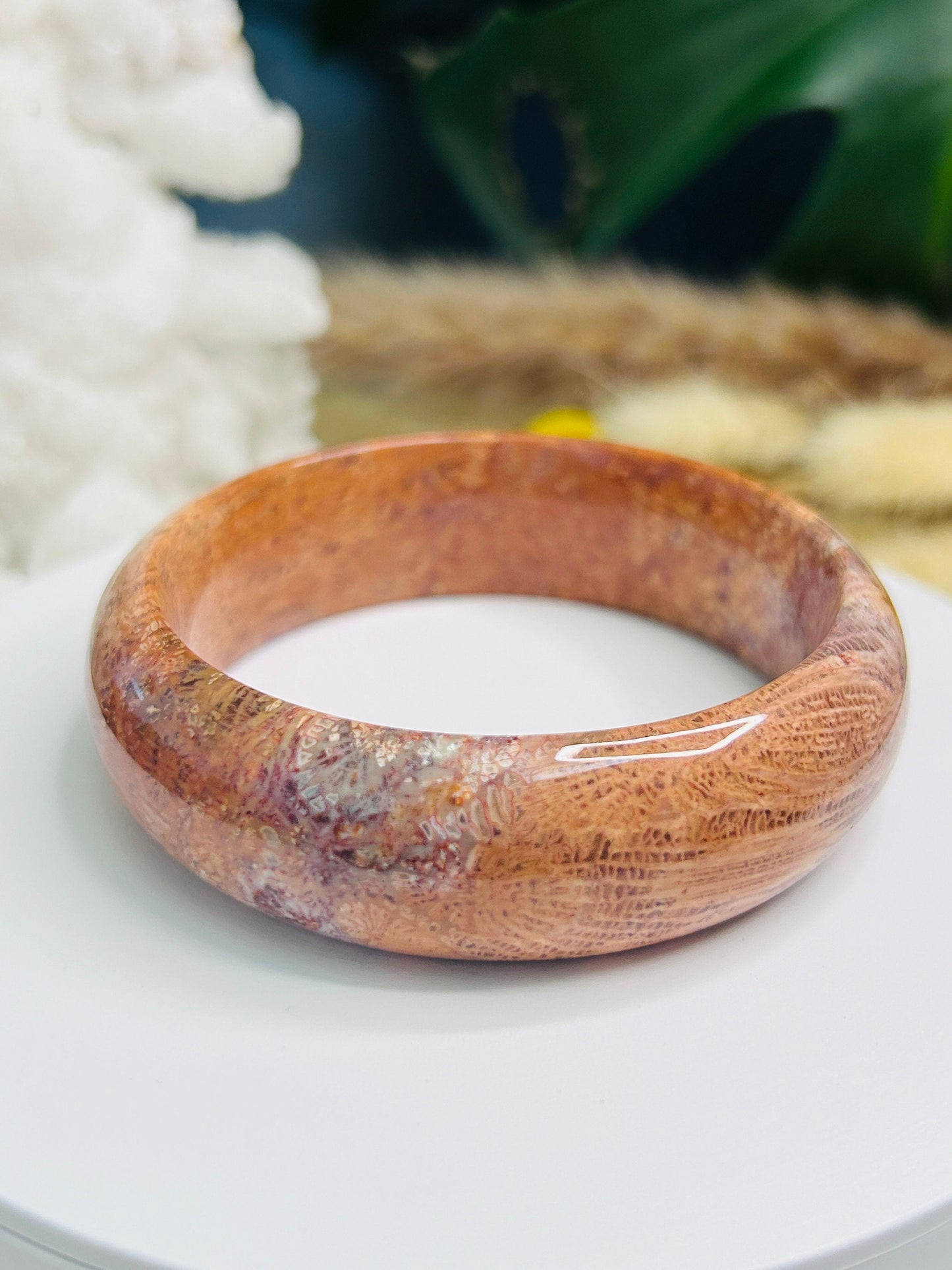 Orange Jade Coral Bangle: Big Flower Fossil Gemstone Bracelet (60mm)