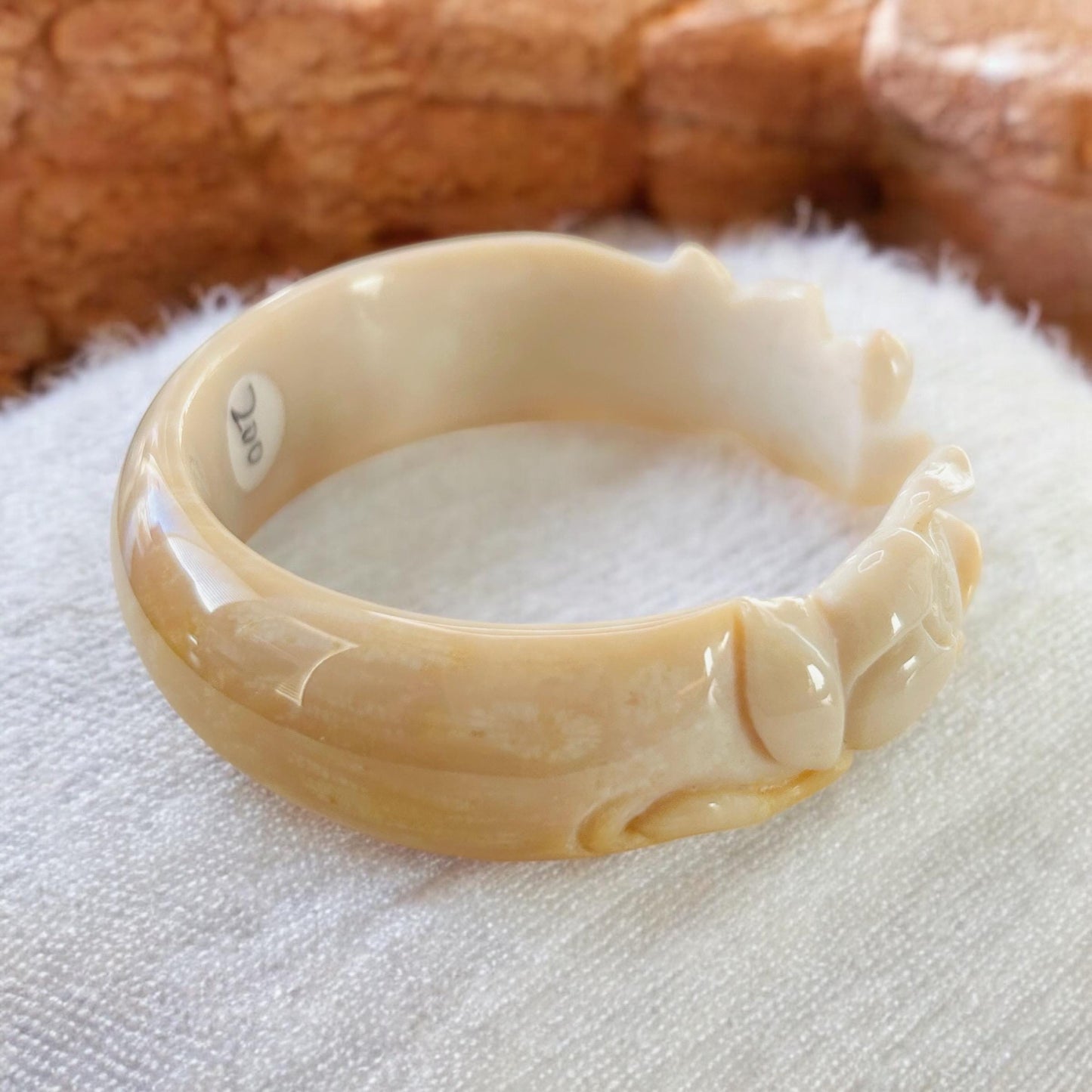 Fossil Coral Jade Bangle: Lotus Flower Carved Bracelet (52.3mm) AA-10003